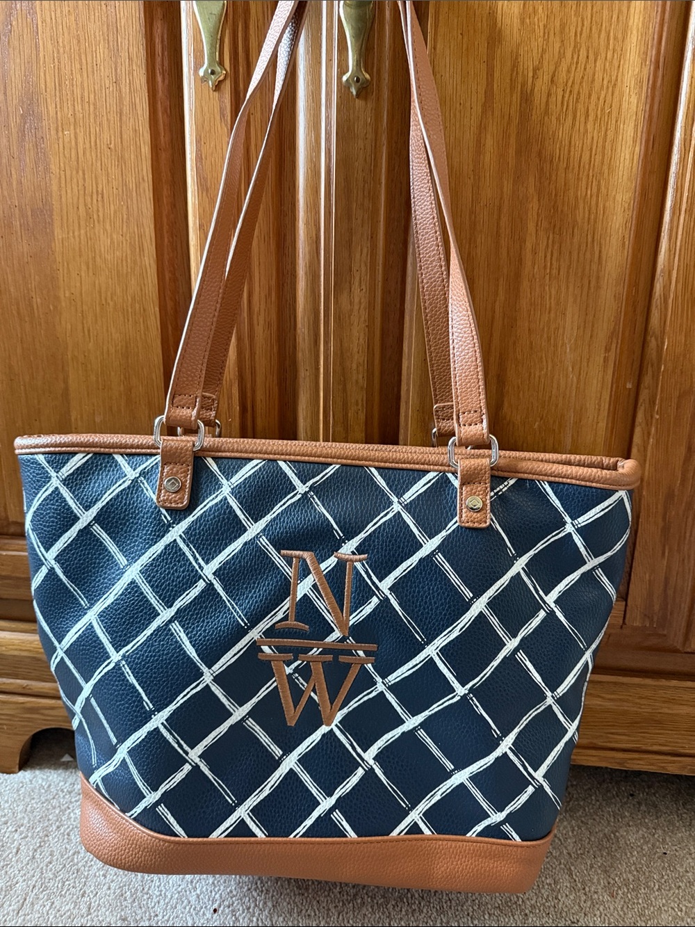 Navy & Tan Tote Bag with Lattice Pattern